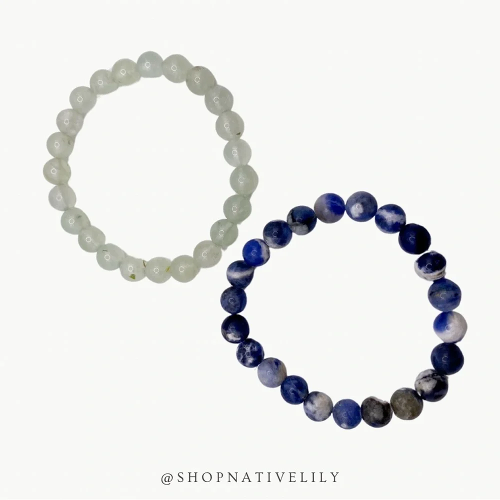 Natural Stone Stretch Beaded Bracelet Set Sodalite Quartz Blue Green Crystal OS